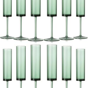 12 Pack Acrylic Dark Green Wine Glasses Green champagne glasses Champagne Flutes Sparkling Wine Glasses Wine Goblets Wedding Glassware Set Drinkware Glasses for Wedding Bar Celebration Baby Shower