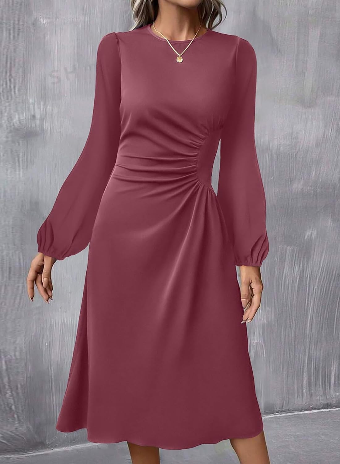 Happy Sailed Womens Long Sleeve Ruched Waist Flowy A Line High Low Midi Cocktail Party Dress