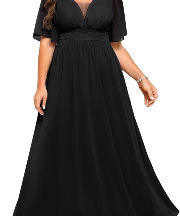 Plus Size Formal Dresses - V Neck Flutter Sleeves Evening Gowns Bridesmaid Wedding Guest Chiffon Long Maxi Dress