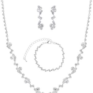 Women Jewelry Set Silver Necklace Earrings Bracelet Rhinestone Crystal Bridal Wedding Jewelry Sets for Brides Bridesmaid Wedding Party