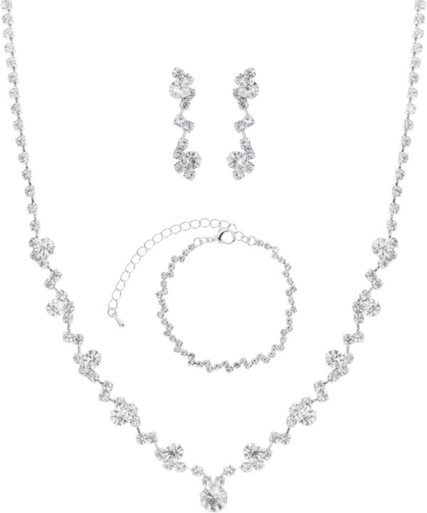 Women Jewelry Set Silver Necklace Earrings Bracelet Rhinestone Crystal Bridal Wedding Jewelry Sets for Brides Bridesmaid Wedding Party