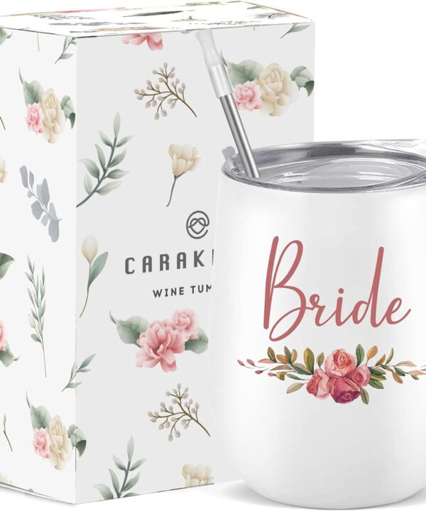 CARAKNOTS Bride Tumbler Bride Gifts for Wedding Bachelorette Bridal Shower Engagement Party Cup White Stainless Steel Wine Tumbler with Lid and Straw 12 oz
