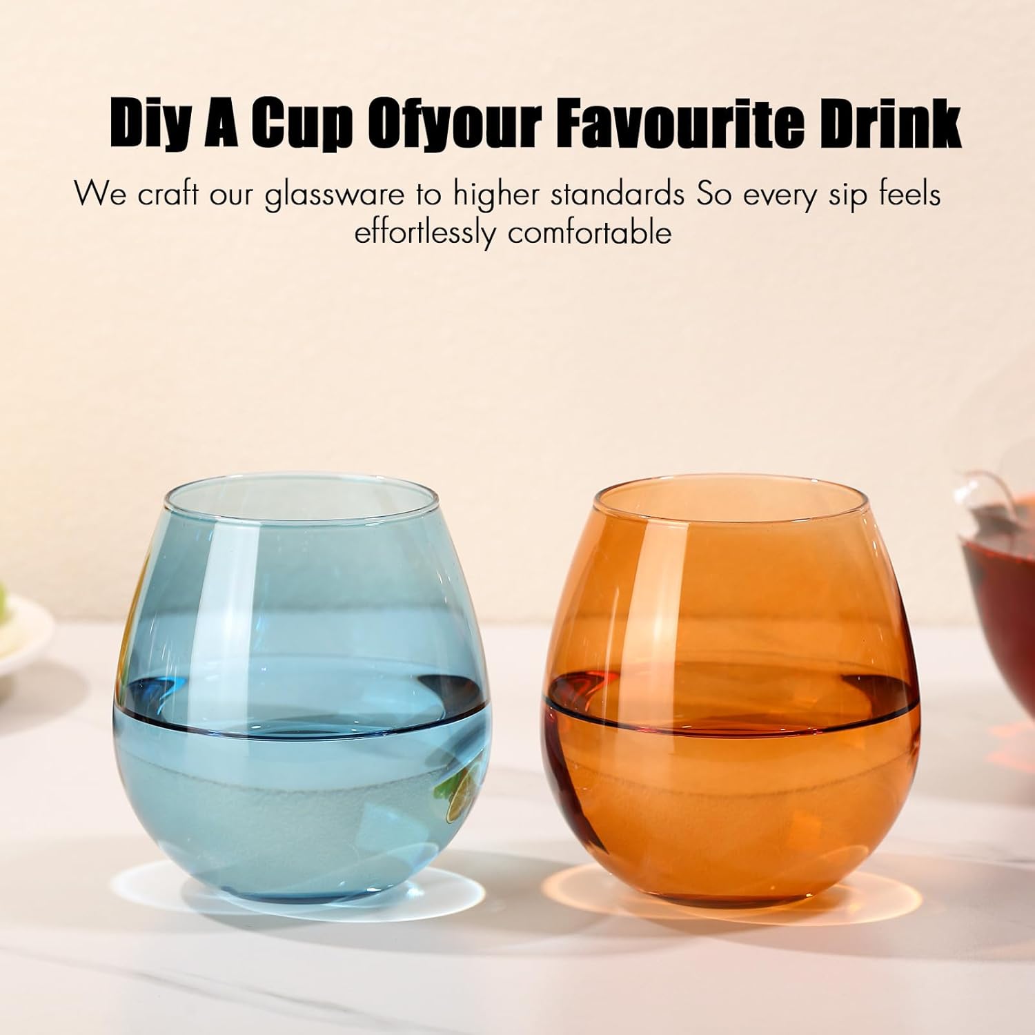 Colored Stemless Wine Glasses Set of 6-15 oz Hand-Blown Crystal Colored Glassware, Multicolor Drinking Glasses, Wedding, Birthday, Christmas, Housewarming Gifts for Women