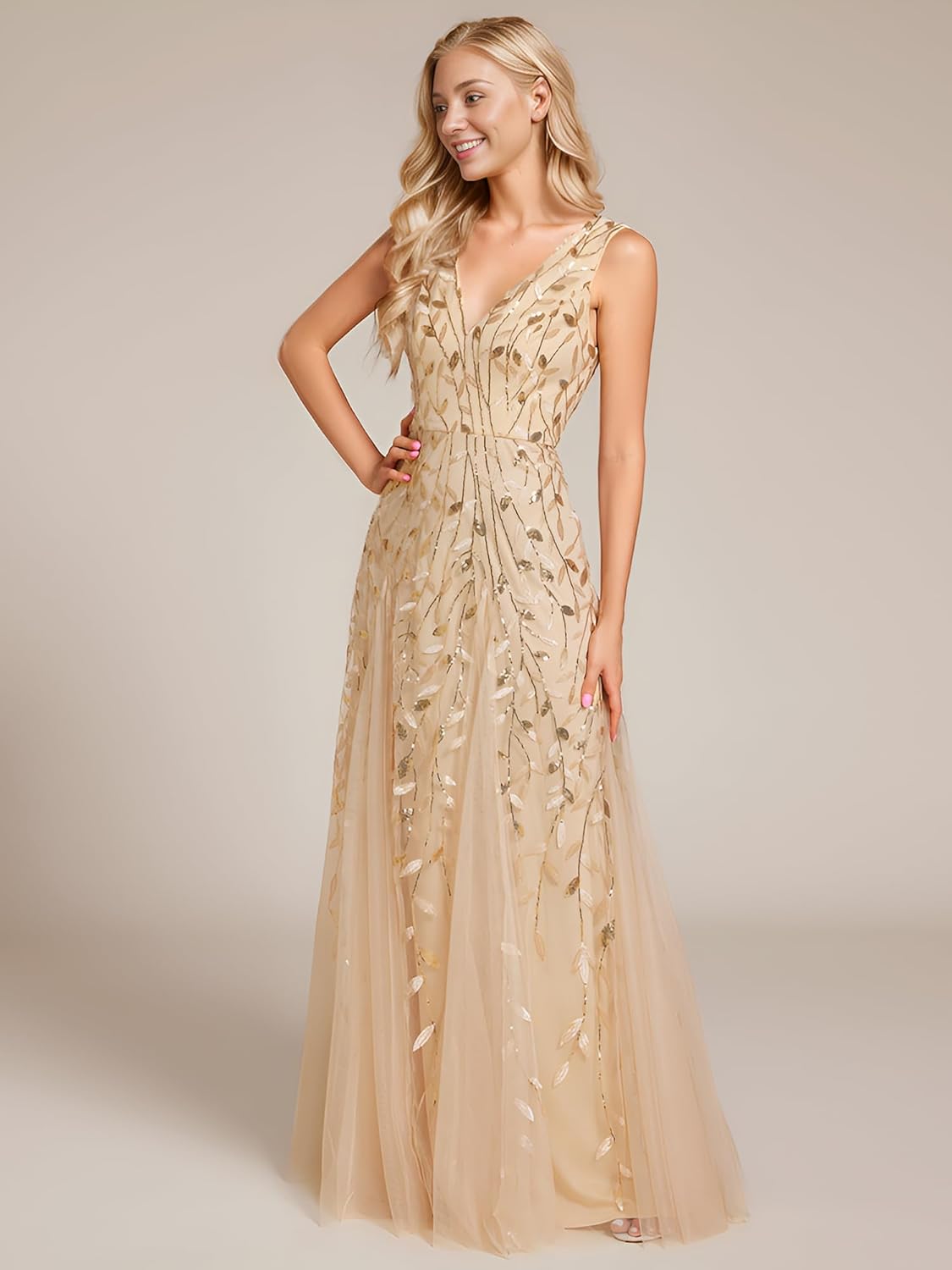 Ever-Pretty Women’s Sexy Sleeveless V-Neck Evening Gowns Empire Waist Sequin Embroidery Formal Dress