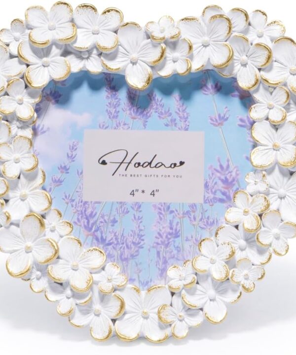 Hodao 4x4 Inch 3D Floral Heart Shaped Frame - Hand-Crafted Resin Picture Frame with White & Gold Accents for Wedding, Valentine’s Day & Romantic Home Decor (White Gold-Heart)