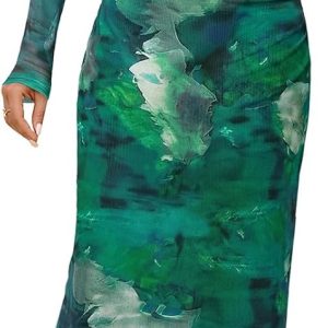 MEROKEETY Women's Long Sleeve Fall Wedding Guest Dress 2025 Bodycon Floral Mesh Ruched Cocktail Maxi Dresses