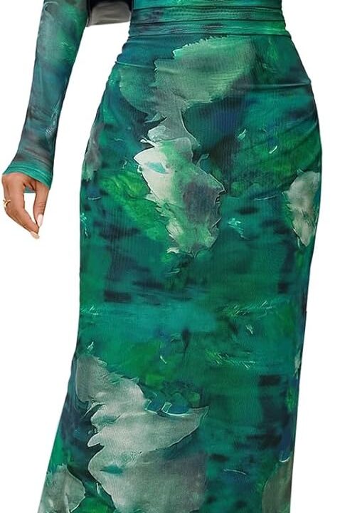 MEROKEETY Women's Long Sleeve Fall Wedding Guest Dress 2025 Bodycon Floral Mesh Ruched Cocktail Maxi Dresses