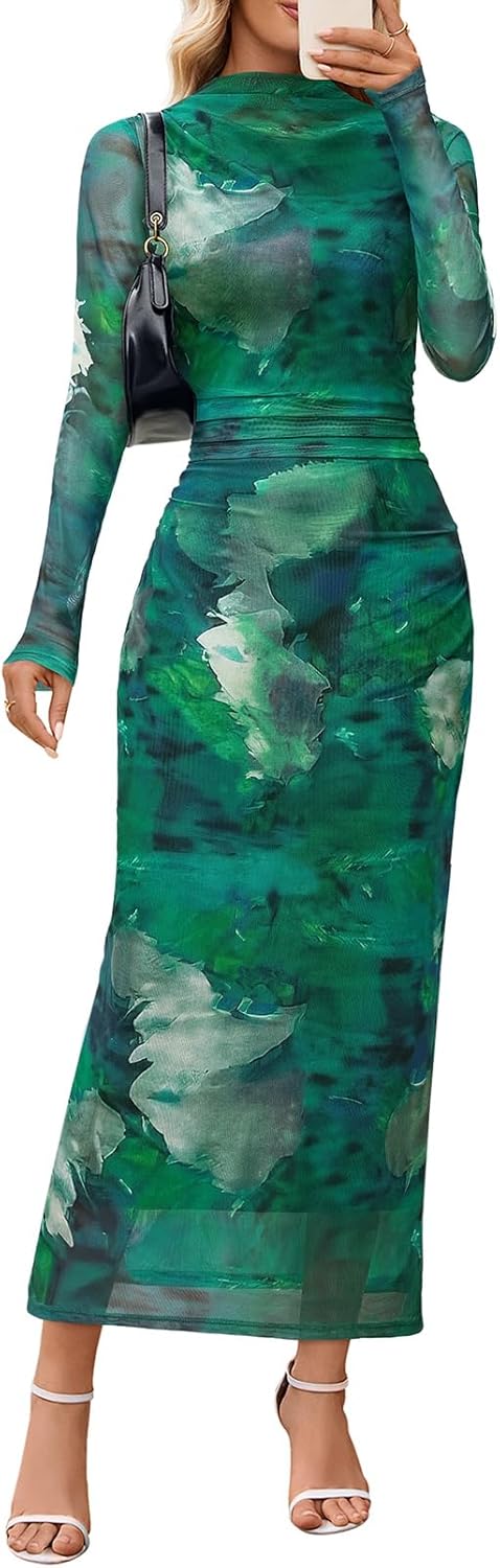 MEROKEETY Women's Long Sleeve Fall Wedding Guest Dress 2025 Bodycon Floral Mesh Ruched Cocktail Maxi Dresses