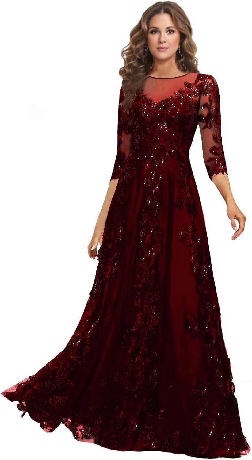 Long Sleeve Mother of The Bride Dresses for Wedding Lace Appliques Tulle Formal Dress He6053