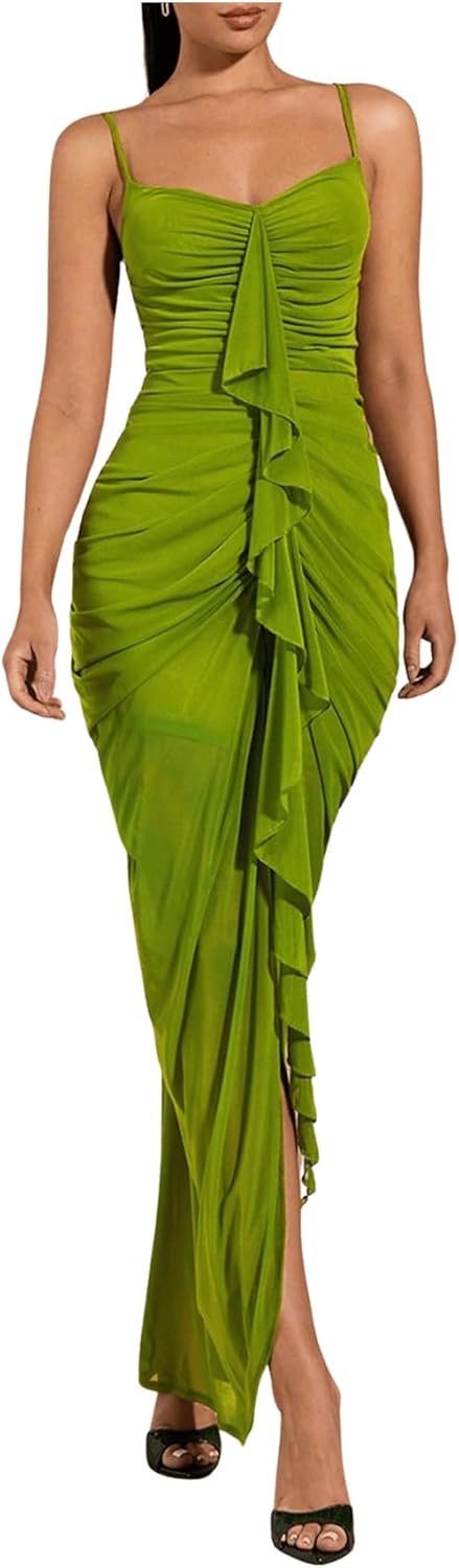 Floerns Women's Ruffle Ruched Cami Dress Draped Split Elegant Bodycon Maxi Dresses