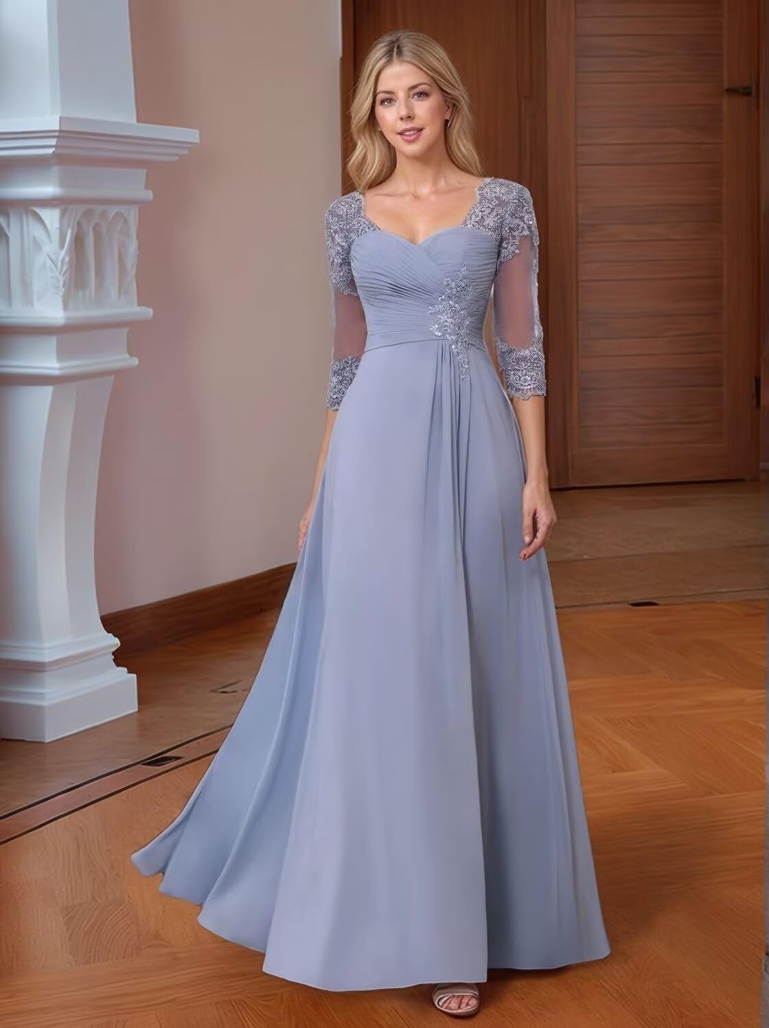 Mother of The Bride Dresses for Wedding with Sleeve Lace Appliques Chiffon Formal Gowns Backless LW154