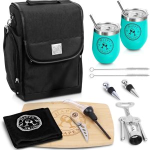 Happy Grapes Wine Tote Bag Set - Insulated Wine Carrier with 2 Stainless Steel Tumblers, Aerator, Charcuterie Board & Knife, Bottle Stoppers, Opener & Wash Cloth - for Picnics Beach Patio Pool Camp t