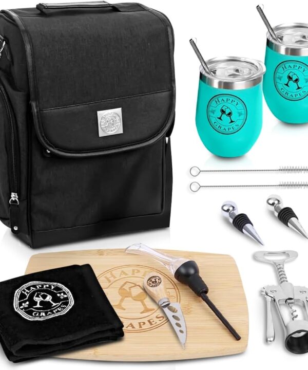 Happy Grapes Wine Tote Bag Set - Insulated Wine Carrier with 2 Stainless Steel Tumblers, Aerator, Charcuterie Board & Knife, Bottle Stoppers, Opener & Wash Cloth - for Picnics Beach Patio Pool Camp t