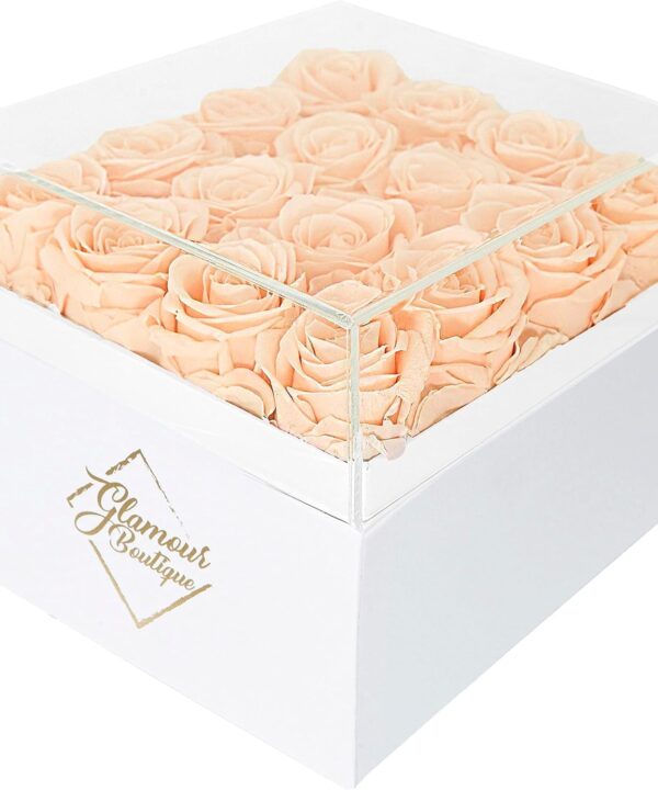 GLAMOUR BOUTIQUE Preserved Roses in a Box - Gifts for Her, Wife & Mom, Rose Flowers Forever Decor for Birthday Gift, Get Well Flower Bouquet Cased in White Box with Cover - Peach - 16-Piece