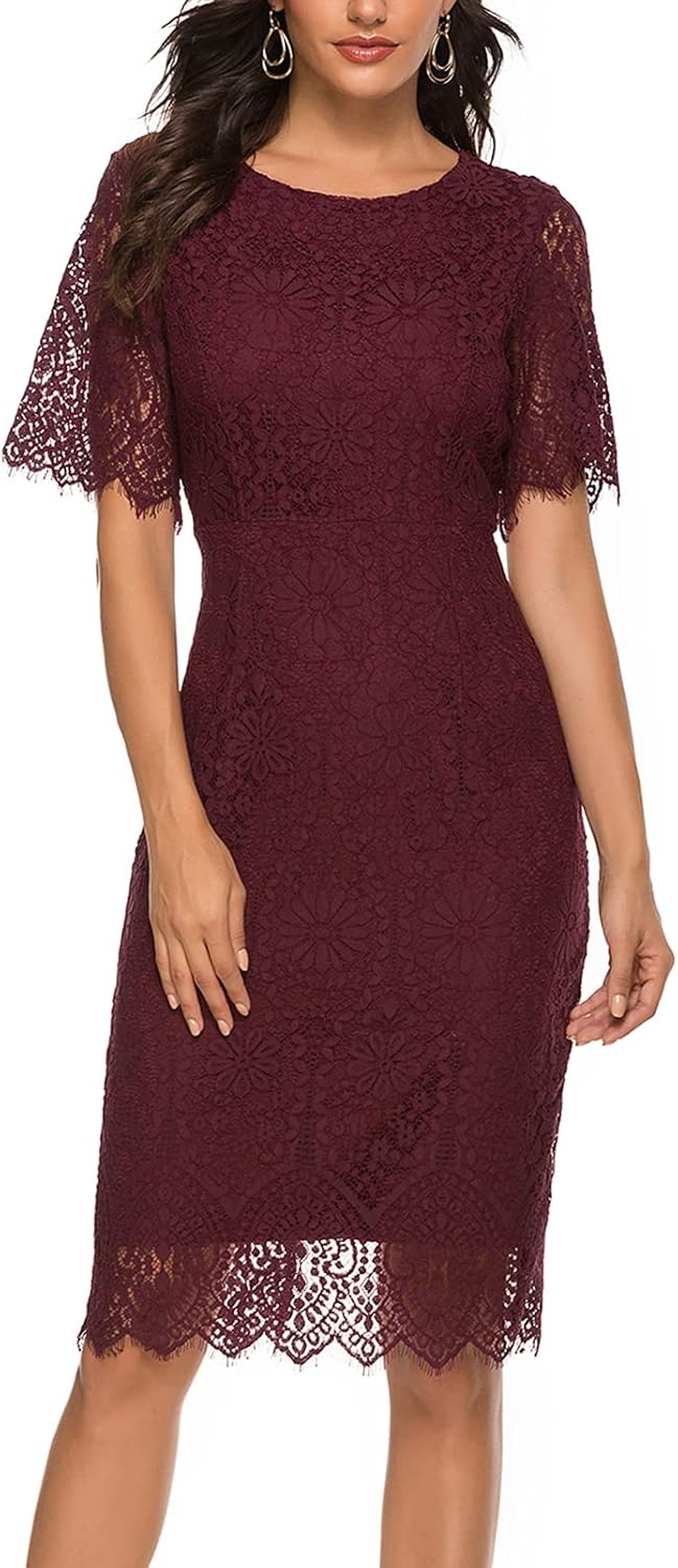 MEROKEETY Women's Short Sleeve Lace Floral Cocktail Dress Crew Neck Knee Length for Party