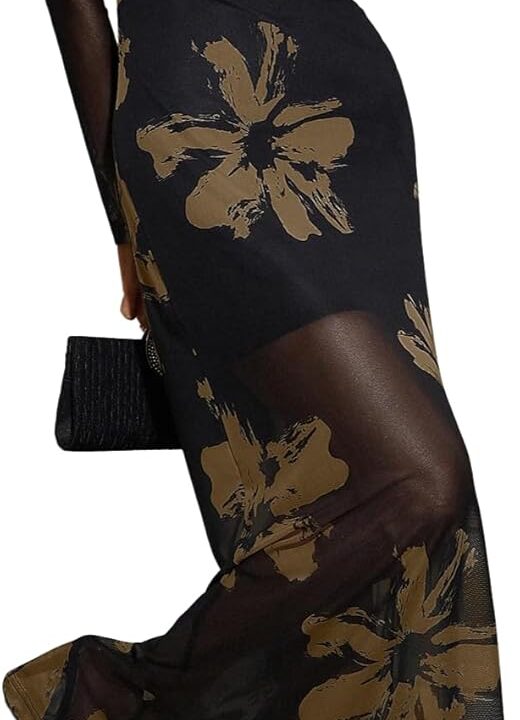 Verdusa Women's Floral Mesh Maxi Dresses Long Sleeve Elegant Formal Fall Wedding Guest Dress Cocktail Slimming Dress