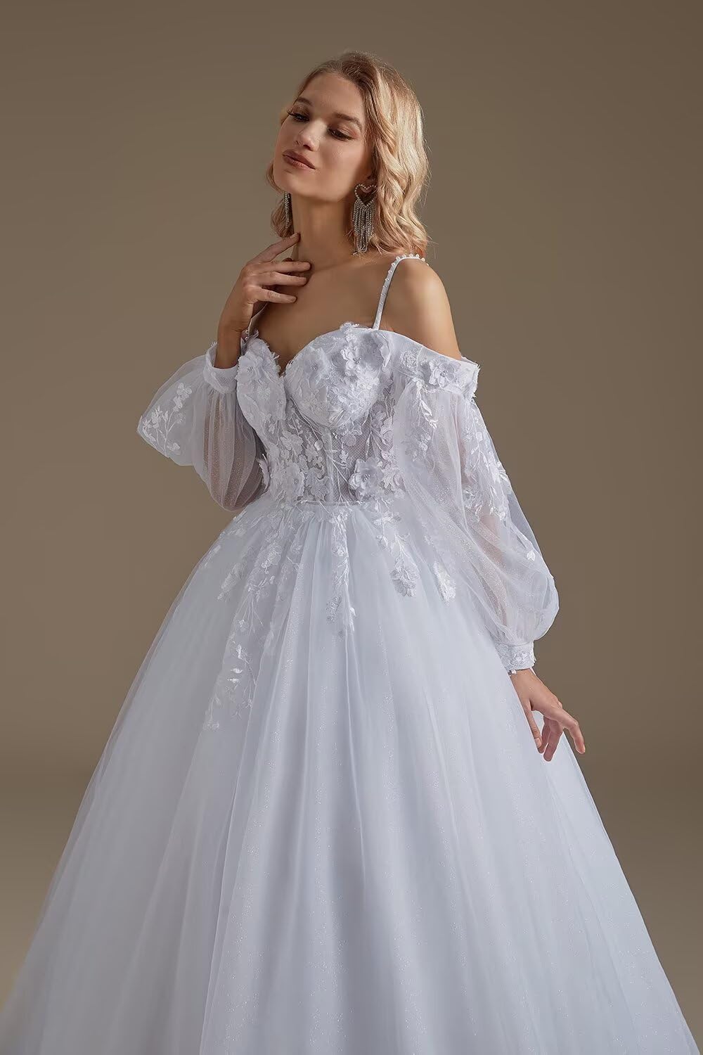 SoDigne Wedding Dresses for Bride 2025 Lace Applique Long Sleeve Tulle Summer Bridal Gowns for Women