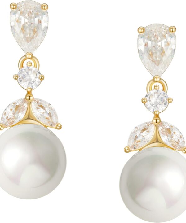 SWEETV Cubic Zirconia Pearl Drop Wedding Earrings for Brides, Ivory Bridal Pearl Earrings for Bridesmaid Jewelry Gift