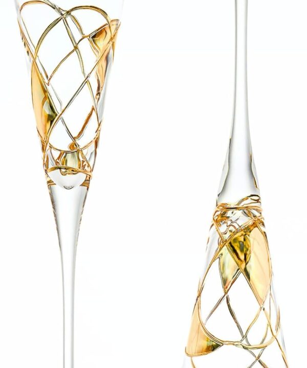 Victoria Barcelona Champagne Flute Set of 2 – 7.5 oz Mouth‑Blown Golden Luster Glass | Hand‑Painted with Real Gold Dust, Gaudí & Murano Inspired | Artistic Premium Gift Ideas for Her or Him