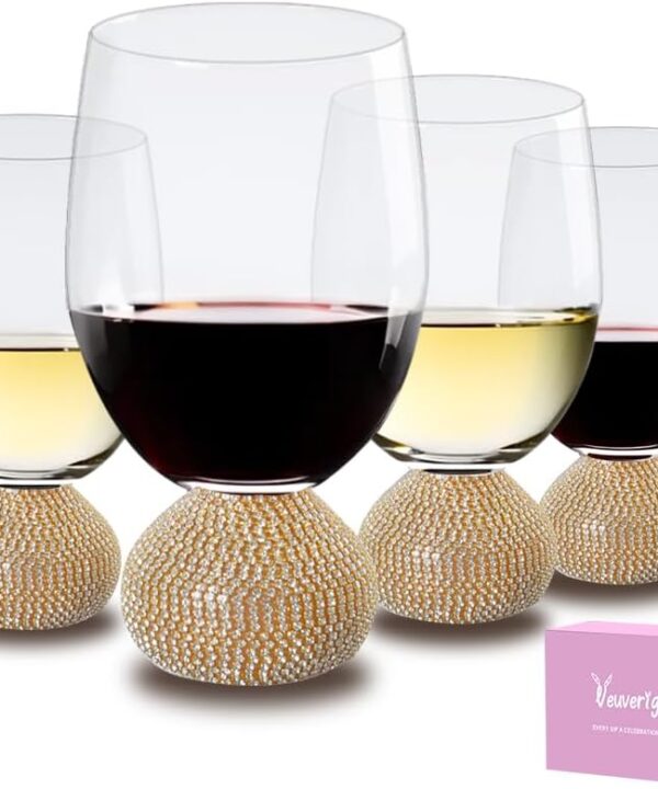 Wine Glasses Set of 4,Stemless Wine Glass,Unbreakable Crystal Fancy Glasses,15 Oz Short Handle Red/White Glasses,Unique Wine Gifts for Women,for Home Bar, Party, Birthday (Gold Clear)