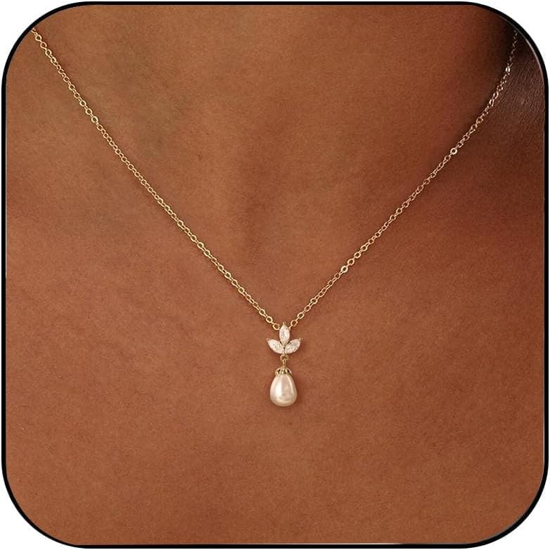 Pearl Necklaces for Women Trendy,14k Gold Plated Pearl Pendant Necklace Dainty Wedding Necklace Small Cute Gold Choker Necklace for Women Non Tarnish Gold Prom Jewelry Fashion Bridesmaids Gifts