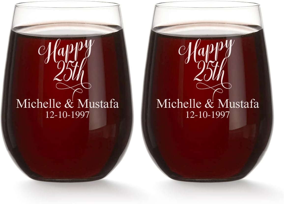 25th Anniversary Couple wine glasses, 20oz Etched Stemless Wine Glasses for Couples, Perfect Engagement Glasses,Bridal shower Gift