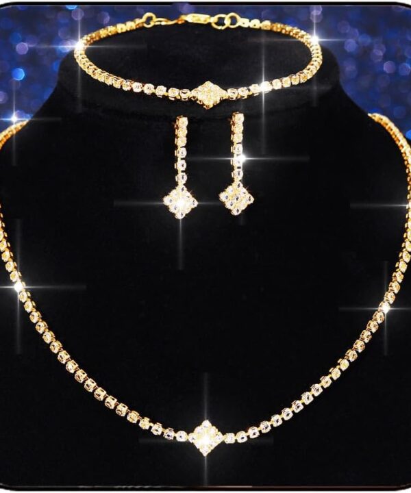 Aukmla Rhinestones Bridal Wedding Jewelry Sets Sparkly Necklace Earrings Bracelet Set Prom Formal Jewelry for Brides and Women