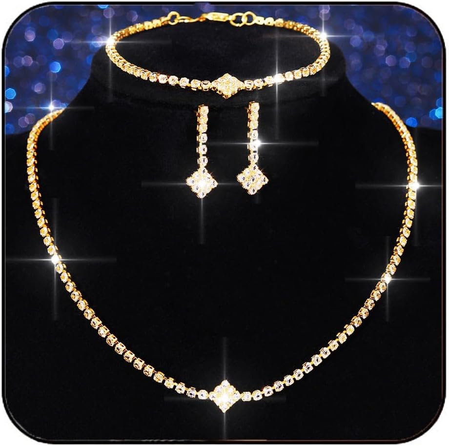Aukmla Rhinestones Bridal Wedding Jewelry Sets Sparkly Necklace Earrings Bracelet Set Prom Formal Jewelry for Brides and Women