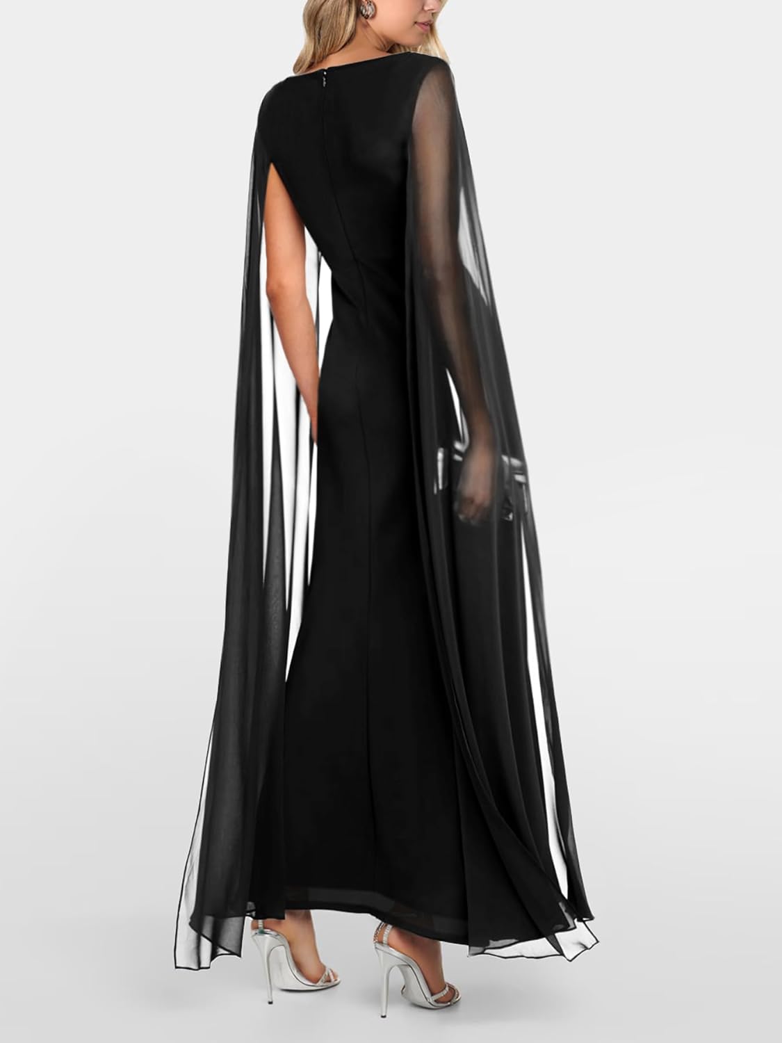 Lrady Womens Formal Evening Gowns High Split Ruffle Wedding Guest Cape Sleeve Cocktail Party Maxi Dresses