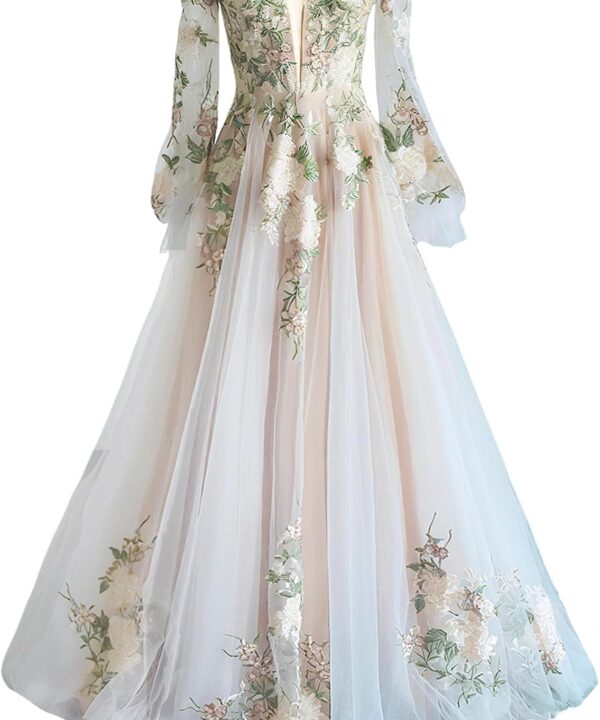 A Line Wedding Dresses for Bride 2025 Long Sleeves Floral Wedding Ball Gowns Off Shoulder Flowy Tulle Bridal Dress