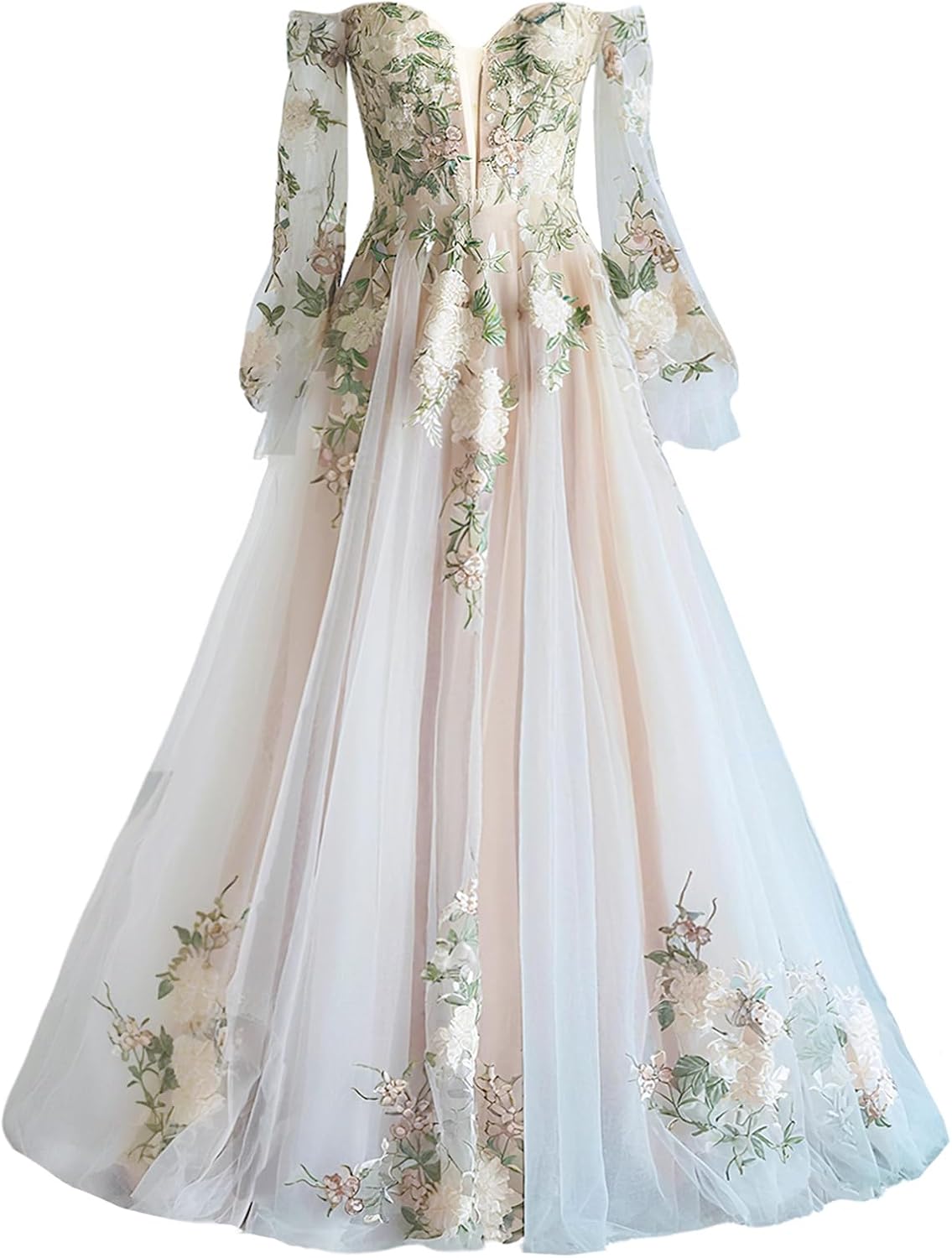 A Line Wedding Dresses for Bride 2025 Long Sleeves Floral Wedding Ball Gowns Off Shoulder Flowy Tulle Bridal Dress