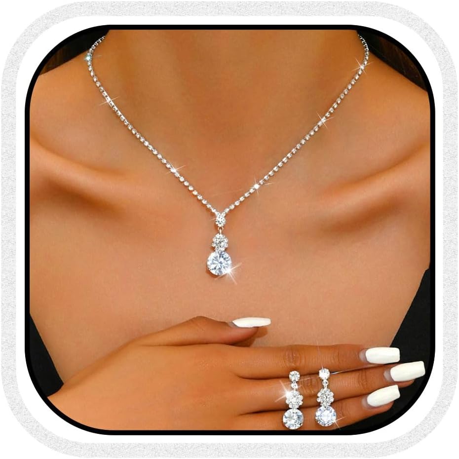 Unicra Silver Necklace Earrings Sets Rhinestone Bridal Wedding Jewelry Set Formal Prom Costume Jewelry Sets for Women and Brides