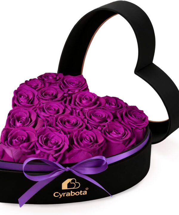16 Preserved Real Roses in Slanted Heart Shape Box Eternal Flowers Gift for Women Wife Mom Valentines Day Birthday Anniversary Purple