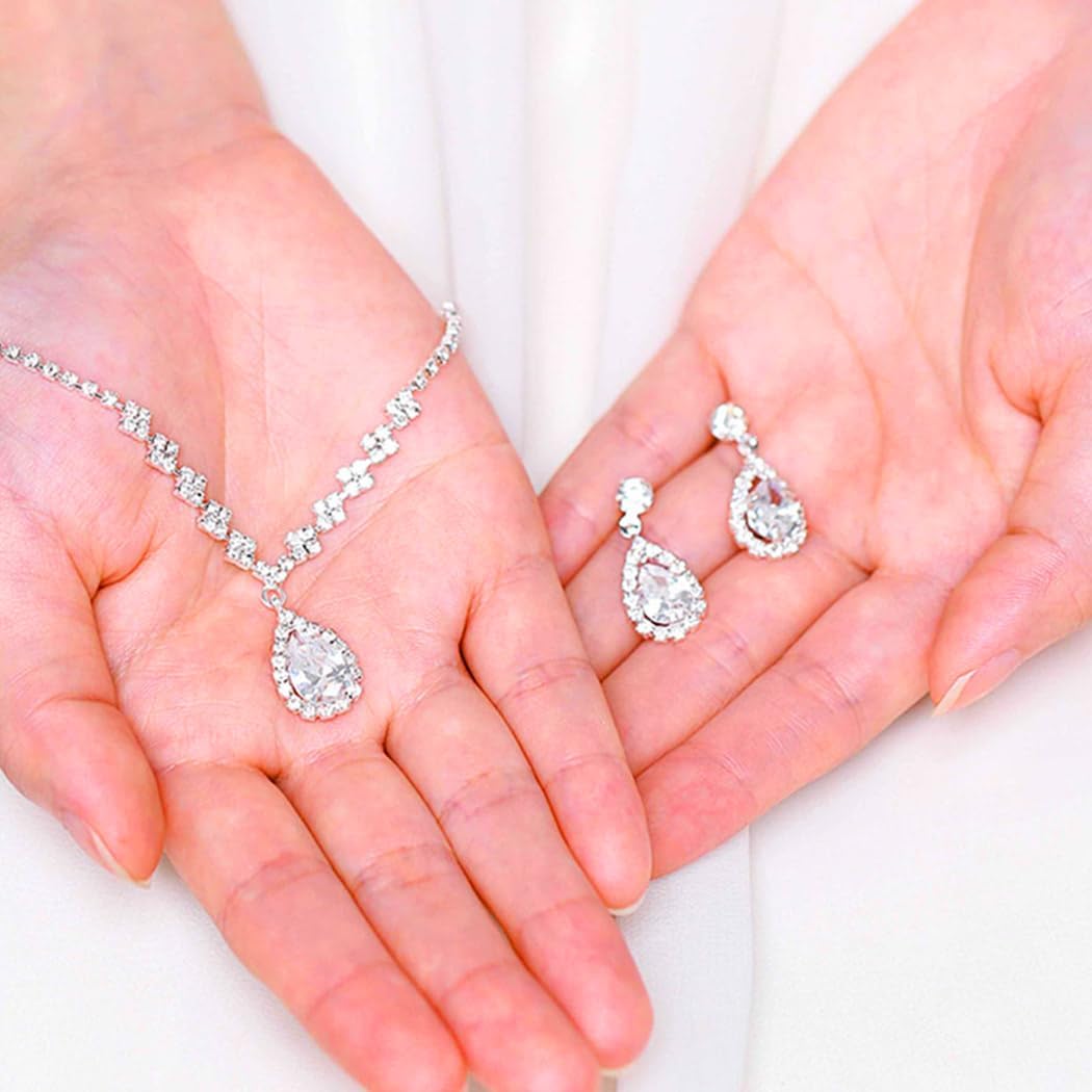Aukmla Bride Wedding Necklace Earrings Set Silver Rhinestones Necklaces Bridal Crystal Jewelry Accessories for Women (Set of 3)