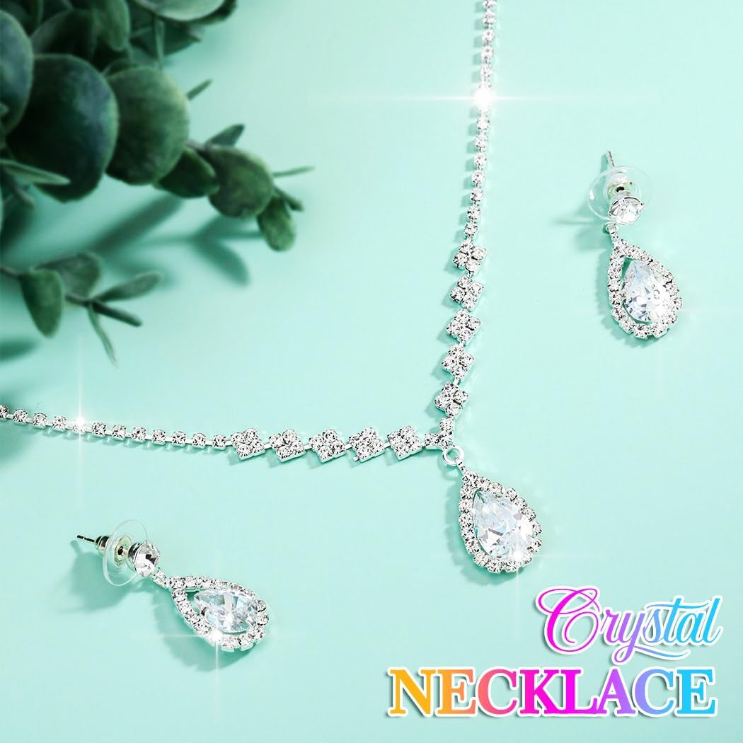 Aukmla Bride Wedding Necklace Earrings Set Silver Rhinestones Necklaces Bridal Crystal Jewelry Accessories for Women (Set of 3)