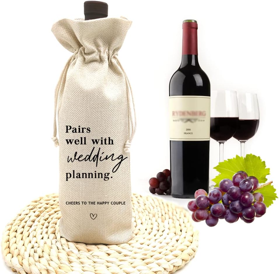 Socive Wedding Gift Wine Bags, Mr and Mrs Wedding Gift, Engagement Wine Bag, Engagement Gift, Linen Drawstring Wine Bag – Pairs Well With Planning a Wedding(5SW102)