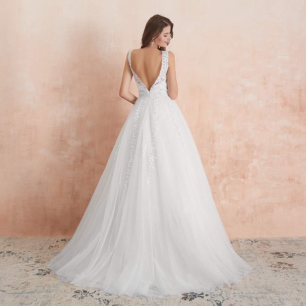 Abaowedding Women’s Wedding Dress for Bride Lace Applique Evening Dress V Neck Straps Ball Gowns