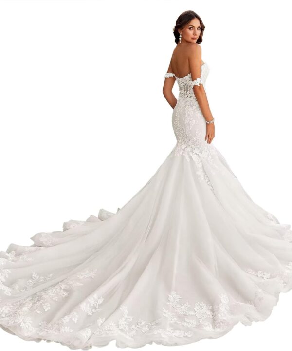 Zeeyecie Off Shoulder Tulle Wedding Dresses Mermaid Lace Applique V-Neck Bridal Gowns with Train for Brides