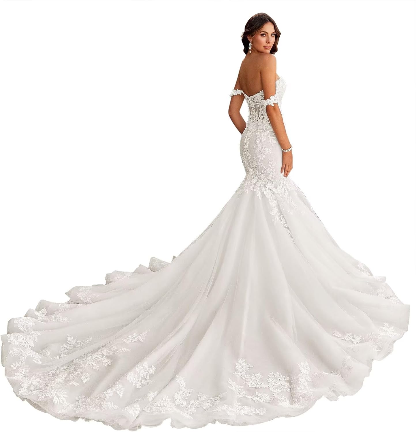 Zeeyecie Off Shoulder Tulle Wedding Dresses Mermaid Lace Applique V-Neck Bridal Gowns with Train for Brides