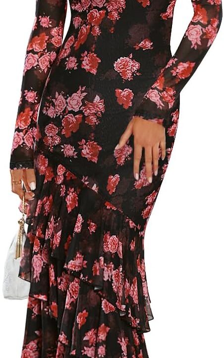 ZESICA Women's Fall Floral Wedding Guest Bodycon Dresses 2025 Long Sleeve Crewneck Mesh Ruffle Mermaid Party Maxi Dress