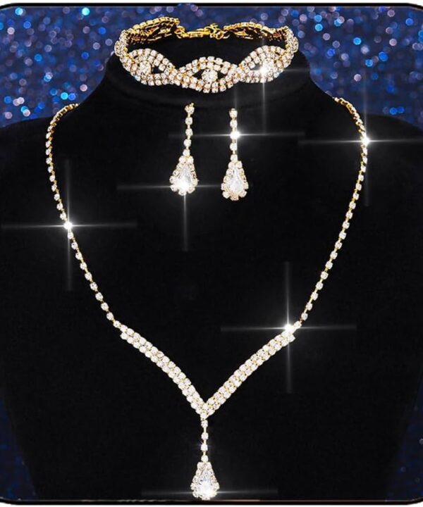 Aukmla Bridal Wedding Jewelry Set Rhinestones Wedding Necklaces Earrings Bracelet Sets Ctystal Prom Jewelry for Women and Brides