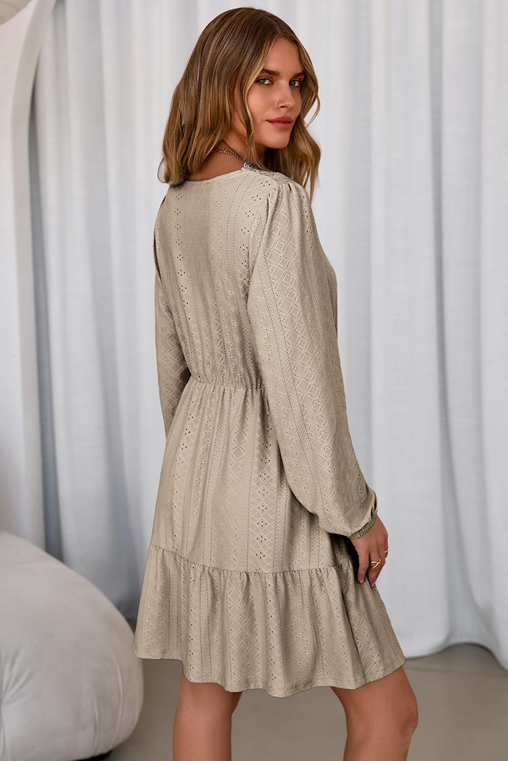 Dokotoo Fall Dresses for Women 2025 Elegant Lace Hollow Out Embroidered V Neck Long Sleeve Casual A-Line Swing Mini Dress