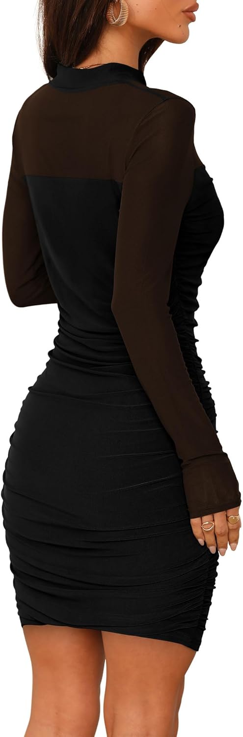 WIHOLL Women’s Mesh Sheer Long Sleeve Ruched Mini Dress Sexy Bodycon Mock Neck Cocktail Party Club Dresses 2025