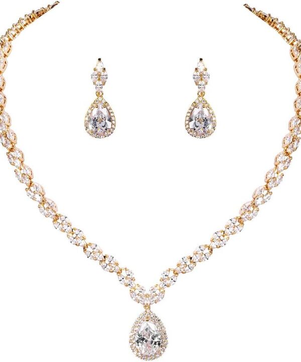 WeimanJewelry Silver/Gold Plated Women Cubic Zirconia CZ Marquise Teardrop Bridal Tennis Necklace and Drop Earring Set for Wedding Brides (Gold)