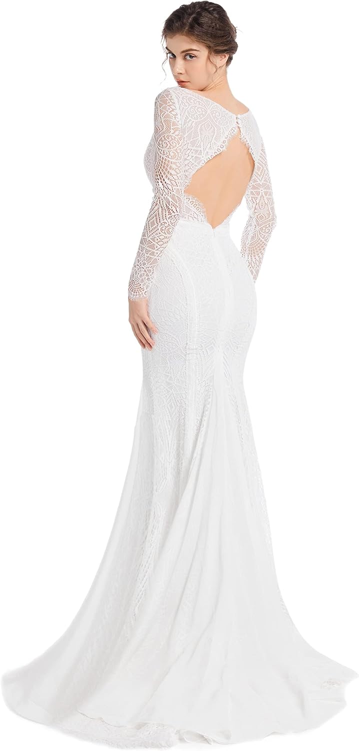 Mermaid Wedding Dresses for Bride Classy lace Boho Long Sleeve Open Back Bohemian Wedding Gowns