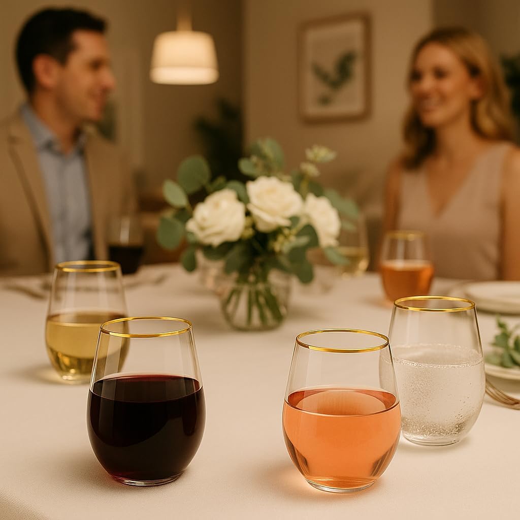 Oojami 36 piece Disposable Stemless Platic Wine Tumbler Cups Unbreakable Crystal Clear Gold Rim Plastic Wine Glasses elegant Drinkware for Wedding, Birthday, Indoor outdoor Pool 12 Ounce