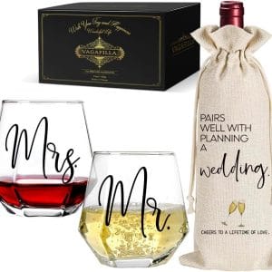 Mr Mrs Stemless Wine Glasses Gift Set 15oz, Couples Gifts for Bridal Shower Engagement Anniversary Wedding Shower Valentine's Day Birthday Christmas, 1 Pack Reusable Burlap Wine Bag-38