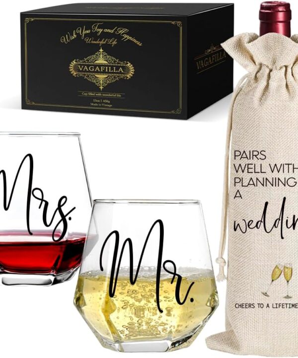 Mr Mrs Stemless Wine Glasses Gift Set 15oz, Couples Gifts for Bridal Shower Engagement Anniversary Wedding Shower Valentine's Day Birthday Christmas, 1 Pack Reusable Burlap Wine Bag-38
