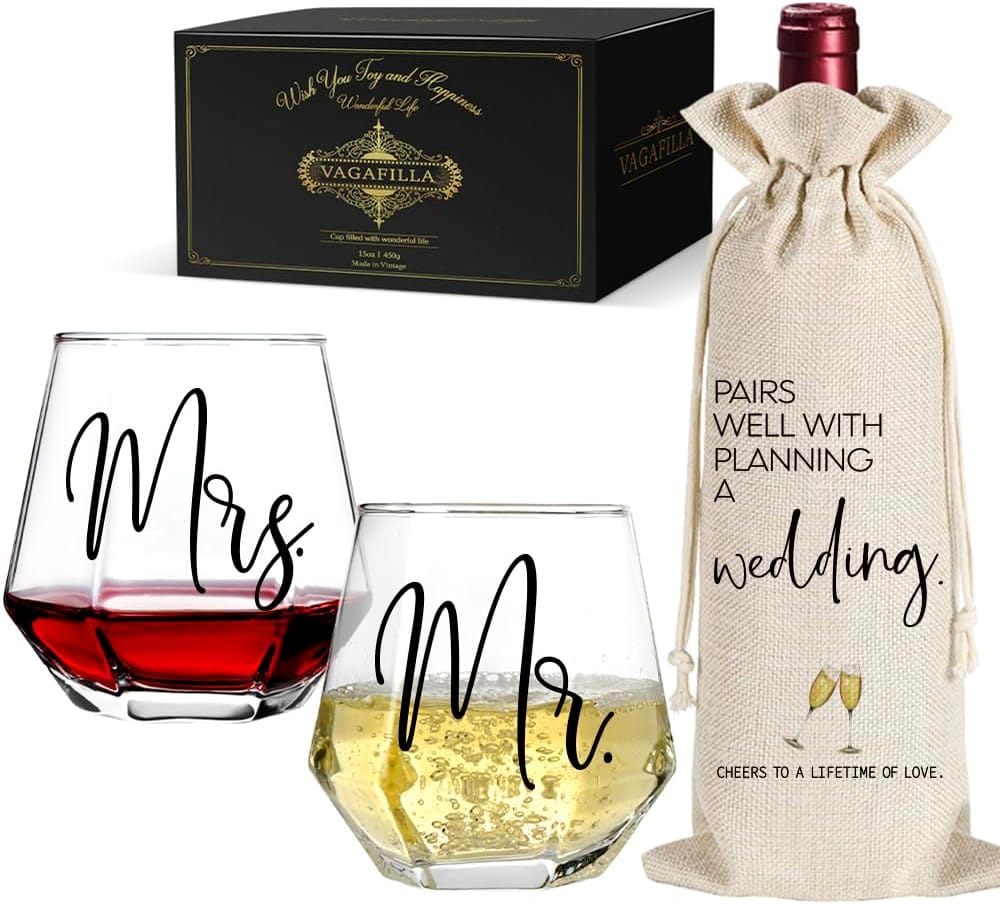 Mr Mrs Stemless Wine Glasses Gift Set 15oz, Couples Gifts for Bridal Shower Engagement Anniversary Wedding Shower Valentine's Day Birthday Christmas, 1 Pack Reusable Burlap Wine Bag-38