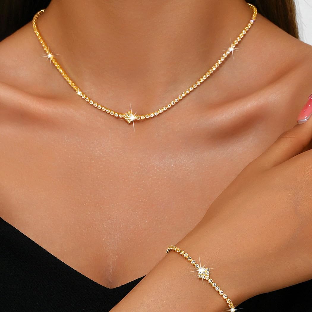 Aukmla Rhinestones Bridal Wedding Jewelry Sets Sparkly Necklace Earrings Bracelet Set Prom Formal Jewelry for Brides and Women